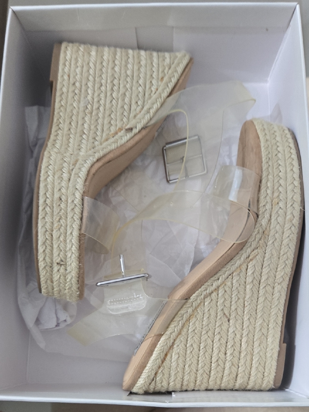 Clear Strap Espadrille Wedge Sandals in Natural